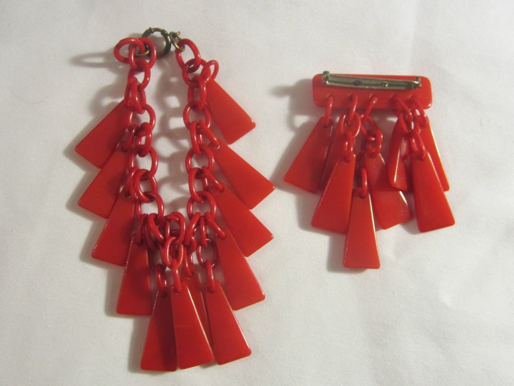 Cherry Red Bakelite Brooch and Bracelet
