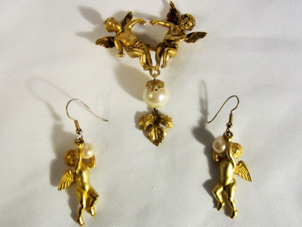 Cherub Brooch and Earring Set by Jonette Jewelry Company