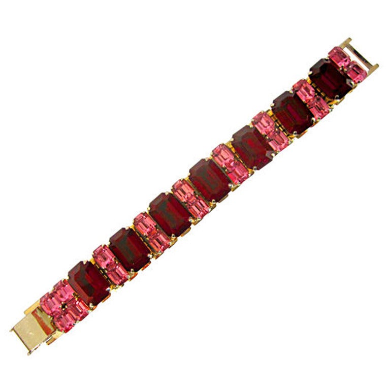 Stunning Red and Pink Emerald Cut Rhinestone Bracelet by Coro For Sale