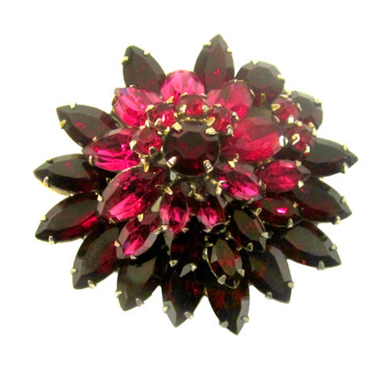 Ruby Red & Pink Raspberry Floral Rhinestone Brooch by Weiss For Sale