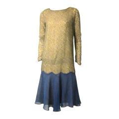 Antique 1920's Cobalt Blue Chiffon Dress-Soft Gold Metallic Lace Top