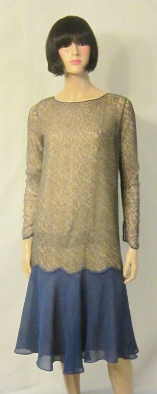 1920's Cobalt Blue Chiffon Dress-Soft Gold Metallic Lace Top