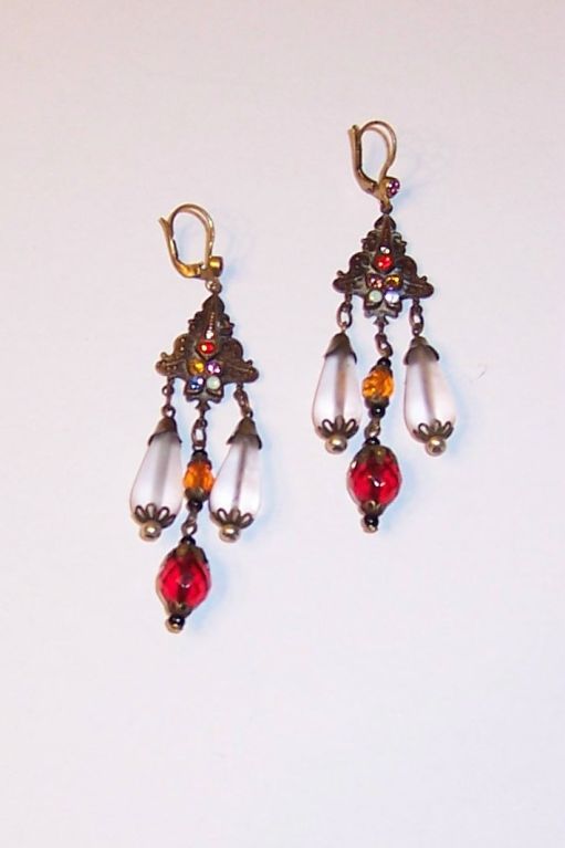 Art Deco Czechoslovakian Dangle Earrings with Frosted & Crystal Beads For Sale