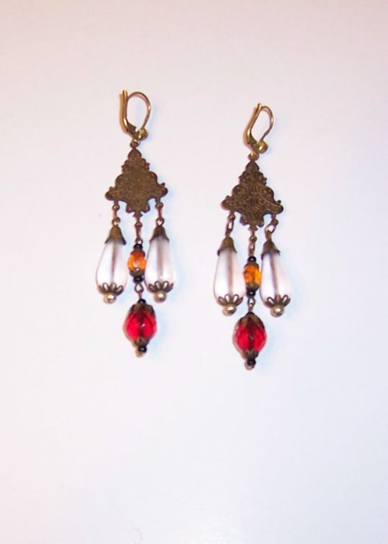 Women's Czechoslovakian Dangle Earrings with Frosted & Crystal Beads For Sale