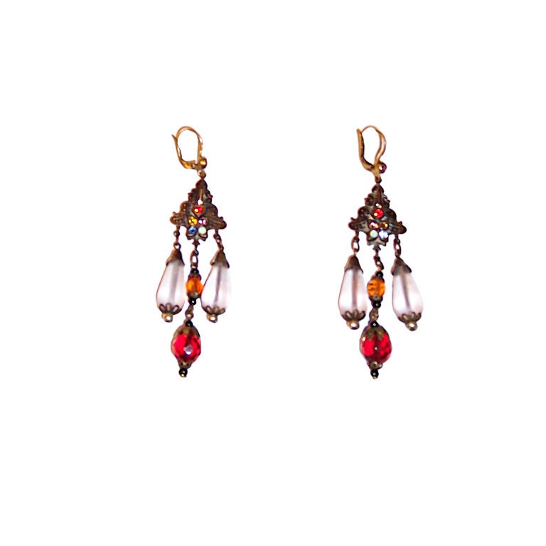 Czechoslovakian Dangle Earrings with Frosted & Crystal Beads For Sale