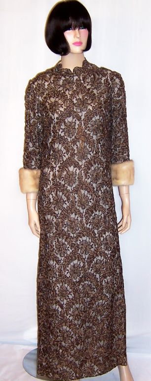 Silk Ribbonwork Lace Gown with Mink Cuffs