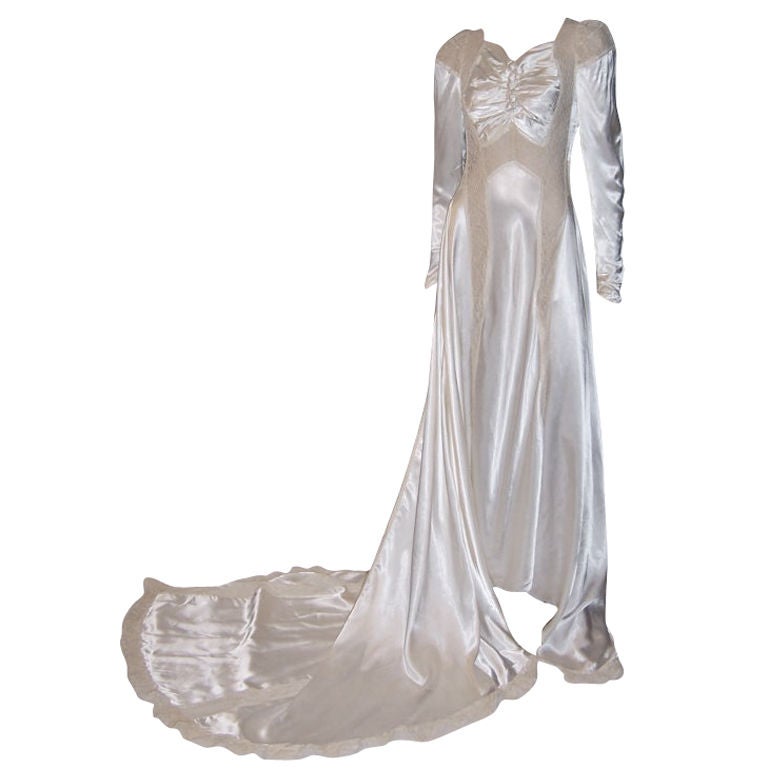 1940's Exquisitely Designed White Charmeuse Wedding Gown For Sale