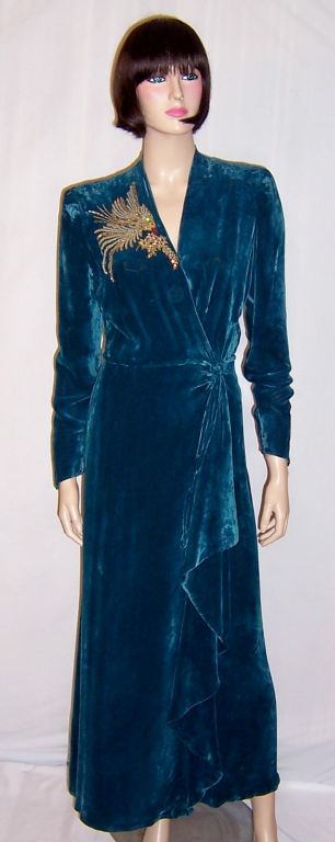 Luxurious Teal Silk Velvet House Wrapper with Beaded Bird
