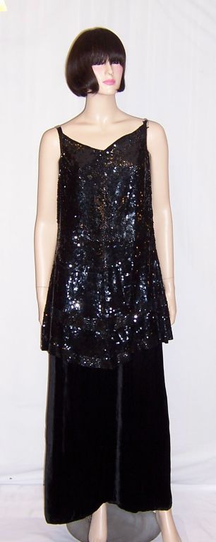 Women's Early 1920's Black Silk Velvet Gown/Sequined & Beaded Tunic Top For Sale