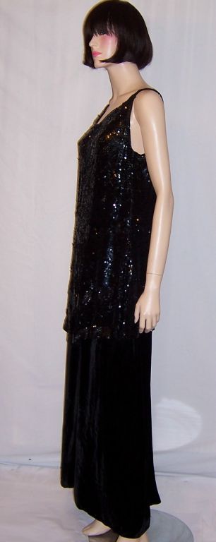 Early 1920's Black Silk Velvet Gown/Sequined & Beaded Tunic Top For Sale 1