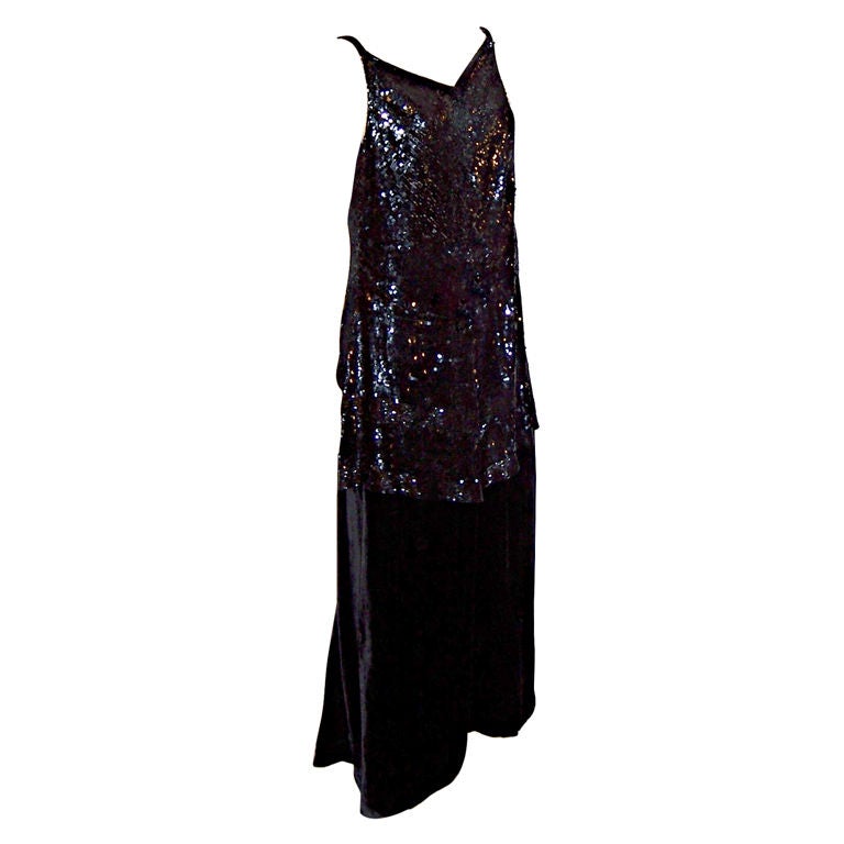 Early 1920's Black Silk Velvet Gown/Sequined & Beaded Tunic Top For Sale