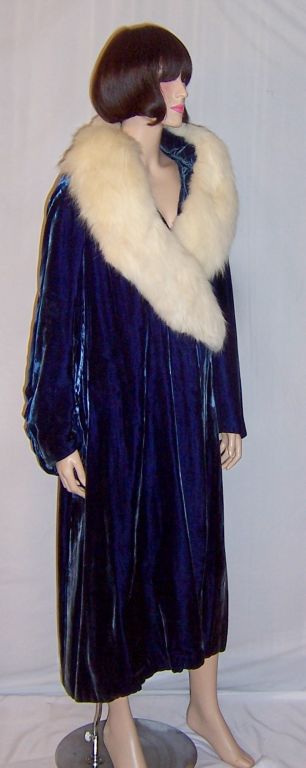 1920's Deep Prussian Blue Silk Velvet Coat with White Fox Collar