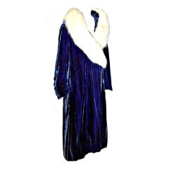 1920's Deep Prussian Blue Silk Velvet Coat with White Fox Collar