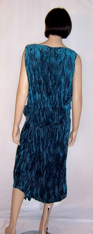 Women's Early 1920's Turquoise Crushed Silk Velvet Gown/Beaded Waist For Sale
