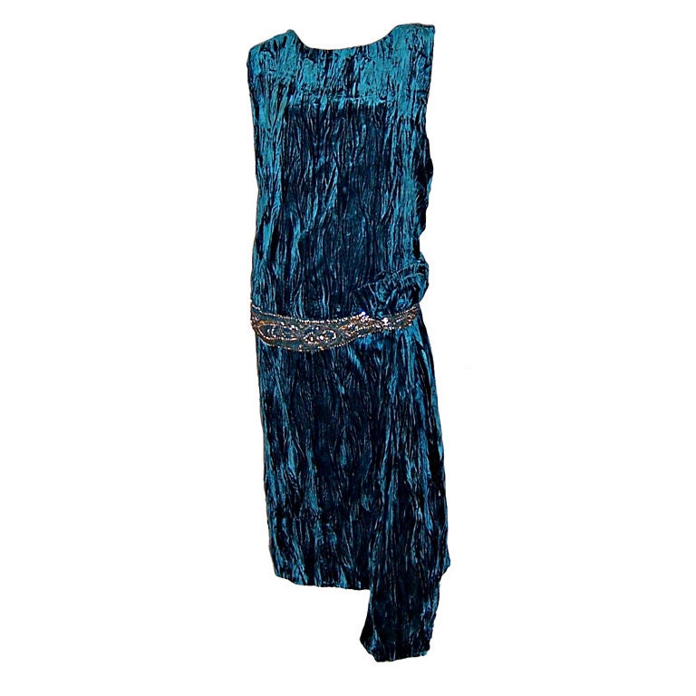 Early 1920's Turquoise Crushed Silk Velvet Gown/Beaded Waist For Sale