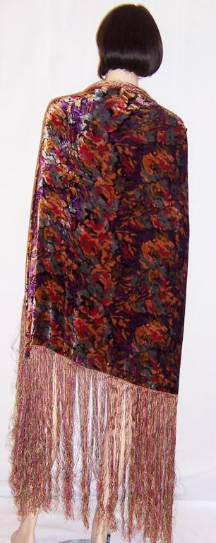 1920's Multi-Colored Silk Velvet Shawl with Fringe