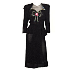 Vintage Fabulous Forties Fishtail Black Crepe Sequined Dress with Peplum