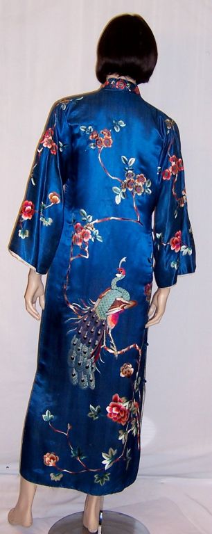 Women's Chic Cheongsam/Teal Silk with Peacocks, Peonies, Plum Blossoms For Sale