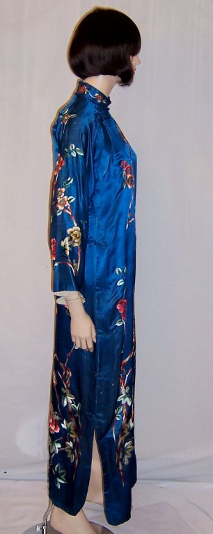 Chic Cheongsam/Teal Silk with Peacocks, Peonies, Plum Blossoms For Sale 1