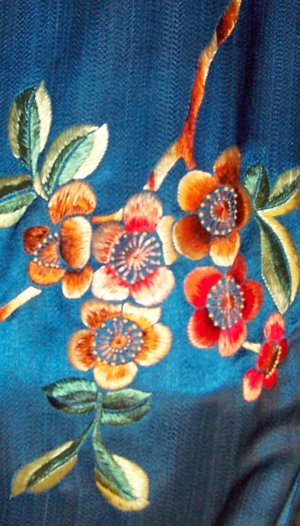 Chic Cheongsam/Teal Silk with Peacocks, Peonies, Plum Blossoms For Sale 2