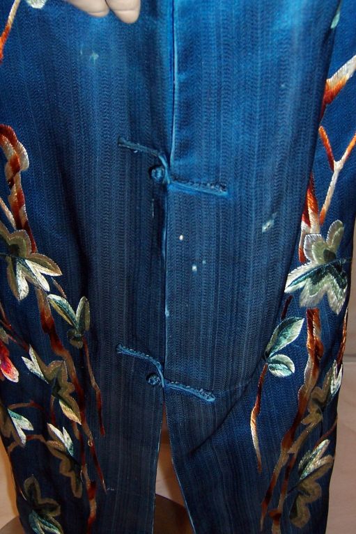 Chic Cheongsam/Teal Silk with Peacocks, Peonies, Plum Blossoms For Sale 4