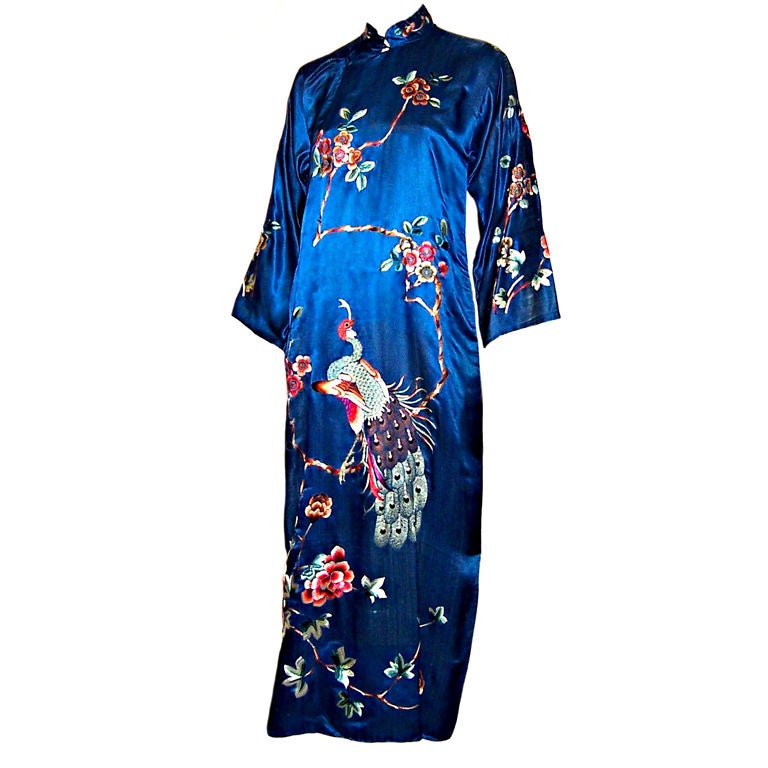 Chic Cheongsam/Teal Silk with Peacocks, Peonies, Plum Blossoms For Sale
