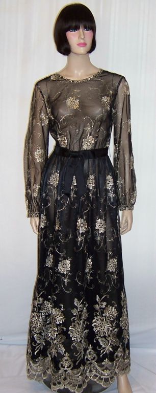 Elegant Black Net Evening Gown with Gold Metallic Embroidery