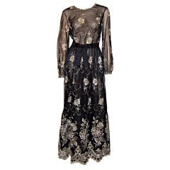 Vintage Elegant Black Net Evening Gown with Gold Metallic Embroidery