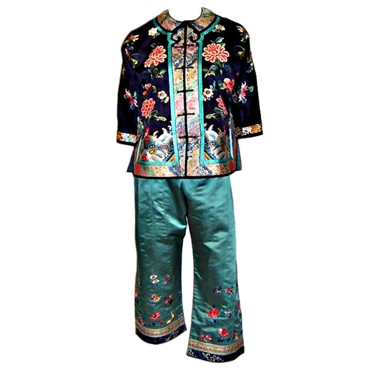 Chinese Embroidered Jacket/Matching Pants with Forbidden Stitch For Sale