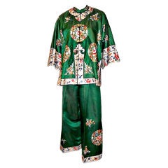 Antique Chic Chinese Embroidered Jacket & Pants in Vibrant Green Silk