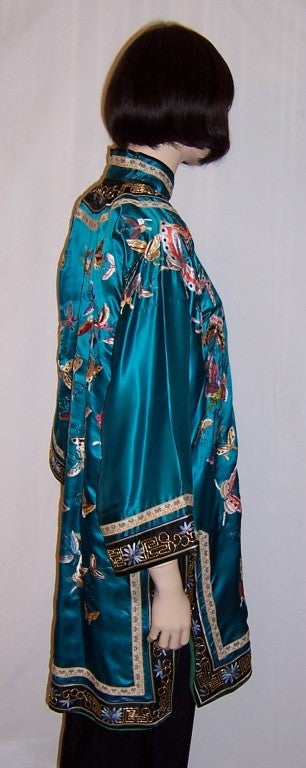 Women's Deep Turquoise Chinese Silk Embroidered Jacket with Butterflies For Sale