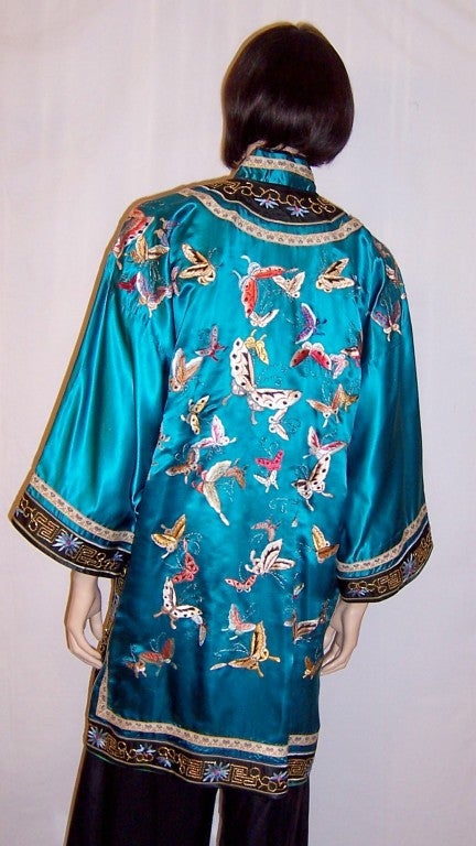 Deep Turquoise Chinese Silk Embroidered Jacket with Butterflies For Sale 1