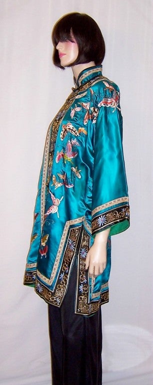 Deep Turquoise Chinese Silk Embroidered Jacket with Butterflies For Sale 2