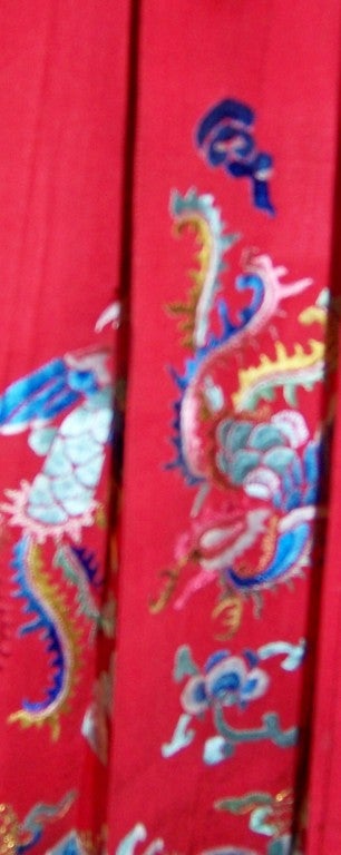 Red Silk Chinese Embroidered and Pleated Dragon Skirt For Sale 4