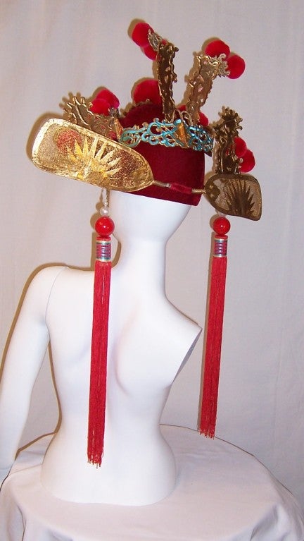 Women's or Men's Elaborately Decorated Chinese Theater Hat/ Pom-Poms and Pearls For Sale