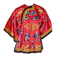 Red Chinese Jacket Embroidered with Blue Flowers & Gold Couching