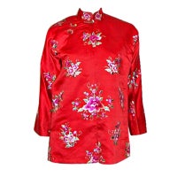 Antique Red Chinese Silk Jacket with Delicately Embroidered Pink Peonies