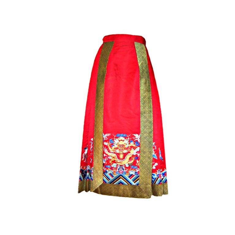 Red Silk Chinese Embroidered and Pleated Dragon Skirt For Sale