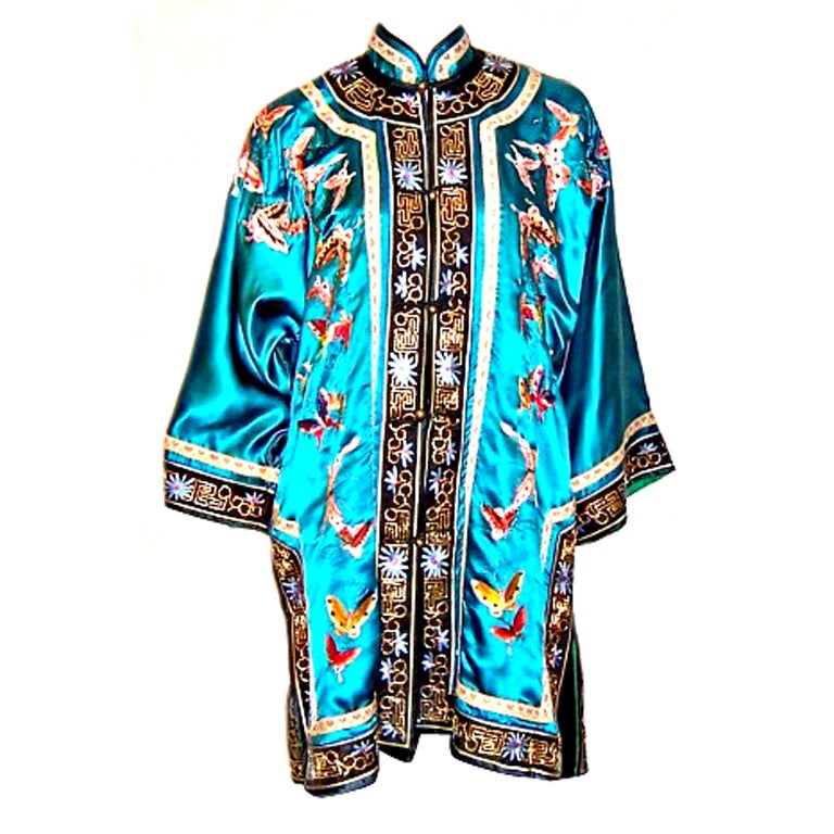 Deep Turquoise Chinese Silk Embroidered Jacket with Butterflies For Sale