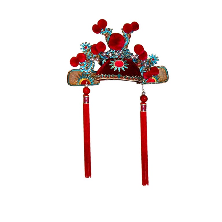 Elaborately Decorated Chinese Theater Hat/ Pom-Poms and Pearls For