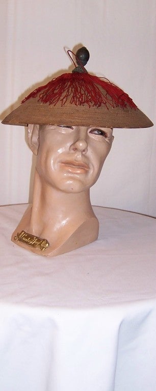 Mens-Chinese Conical-Shaped Summer Hat of Woven Wicker-19th C.