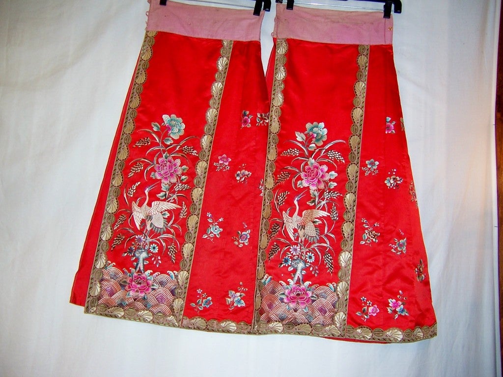 1920's Exquisitely Embroidered Red Paired Panel Wraparound Skirt