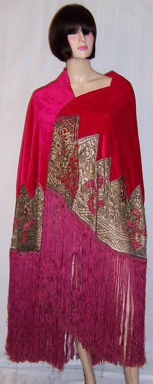 Women's Most Magnificent 1920's Cerise Silk Velvet Shawl/Metallic Lace For Sale