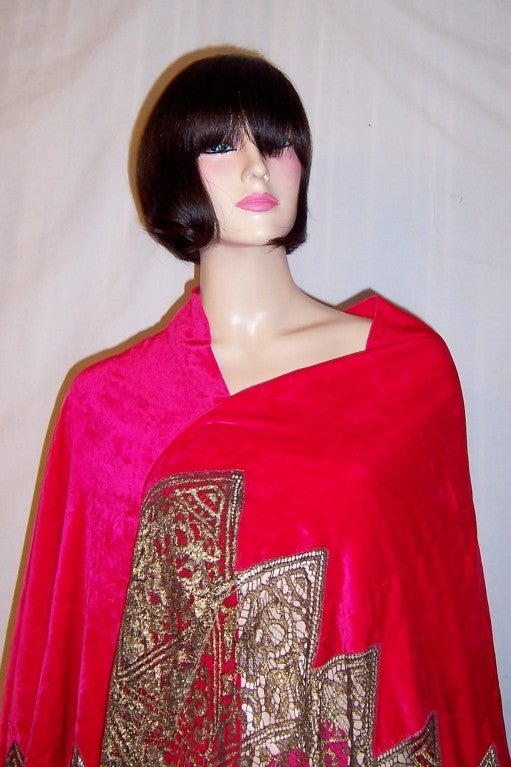 Most Magnificent 1920's Cerise Silk Velvet Shawl/Metallic Lace For Sale 1
