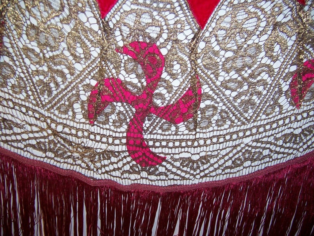 Most Magnificent 1920's Cerise Silk Velvet Shawl/Metallic Lace For Sale 2