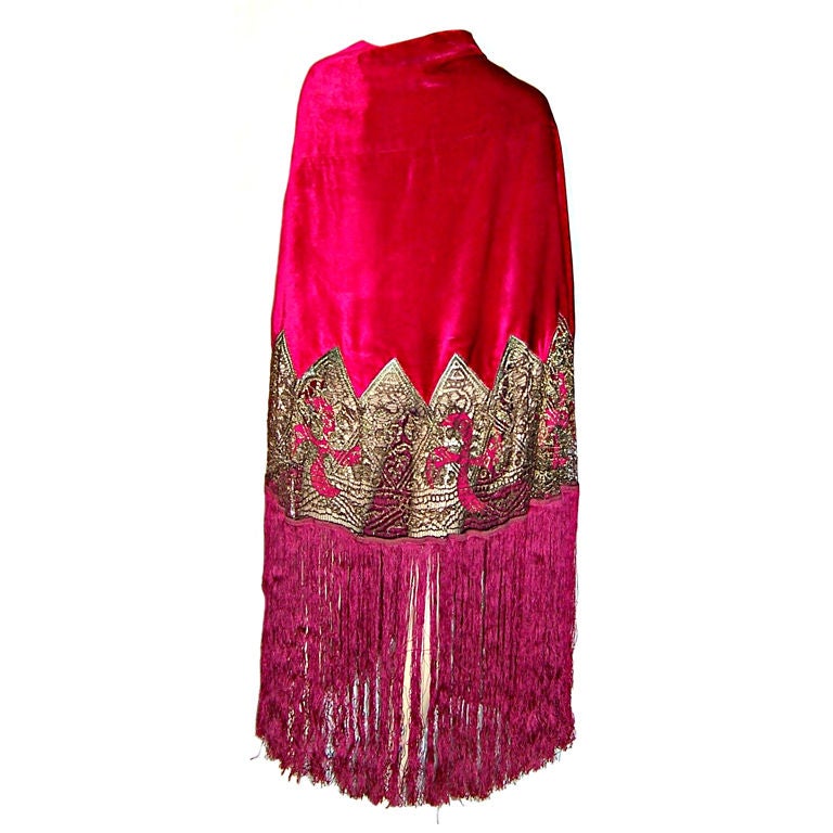 Most Magnificent 1920's Cerise Silk Velvet Shawl/Metallic Lace For Sale