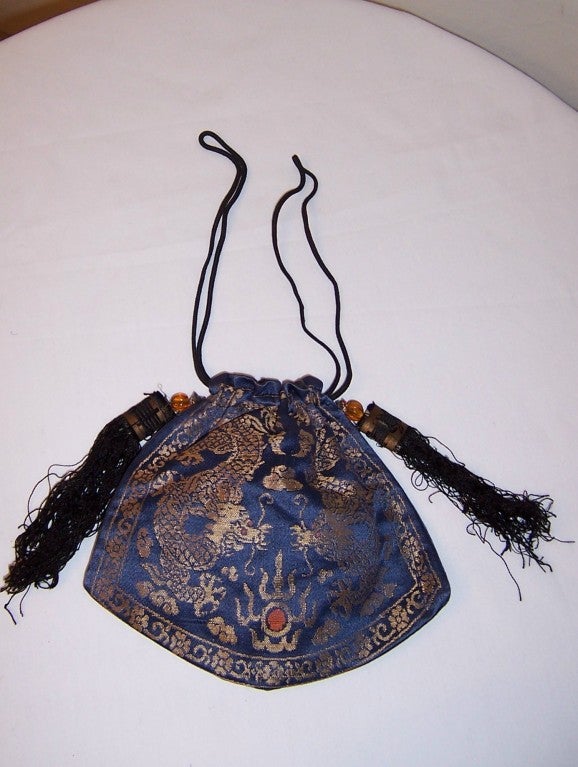 Women's 1920's Navy & Gold, Jacquard-Weave Purse with Dragons For Sale