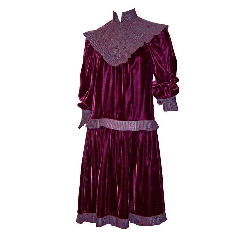 Bis.Gene Ewing-Rich Aubergine Velvet Dress with Brocaded Details For Sale