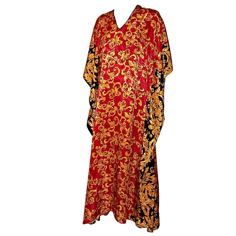 Black, Gold, & Red Printed Caftan for Neiman Marcus For Sale