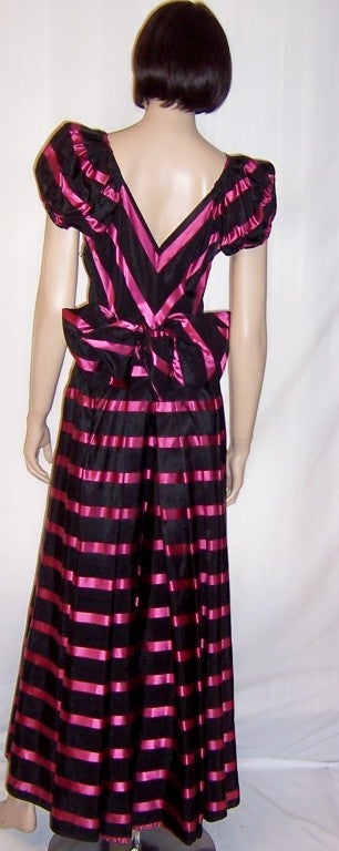 Early 1940's, Striking Black & Magenta Taffeta Striped Gown For Sale 1